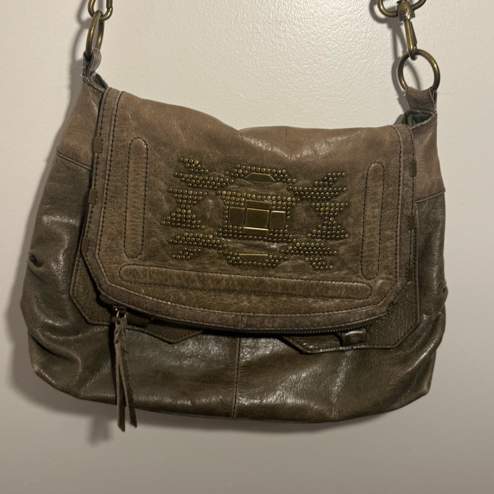 Sak,Boho Aztec Leather, Green Crossbody Messenger,Gold Stud Embellished